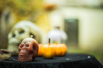 Obraz na płótnie Canvas Little skull on a background of pumpkins. Halloween Scenery. Background for Halloween.