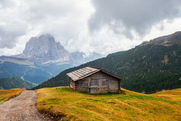 Fototapeta na wymiar Mountain meadow and houses in Gardena valley and Seceda peak , background Alpe di Siusi or Seiser Alm in the with Province of Bolzano, South Tyrol in Dolomites