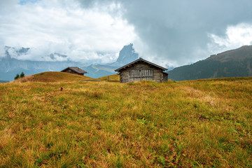 Mountain meadow and houses in Gardena valley and Seceda peak , background Alpe di Siusi or Seiser Alm in the with Province of Bolzano, South Tyrol in Dolomites