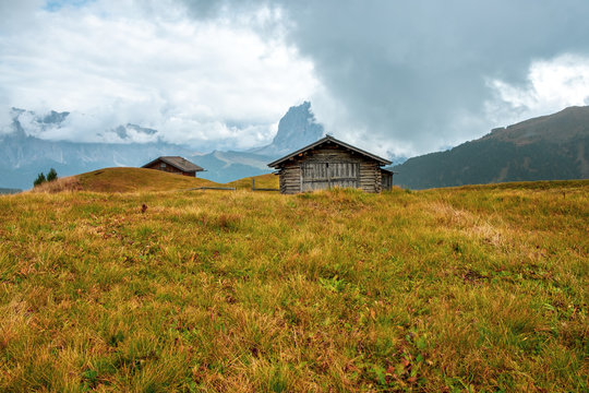 Mountain meadow and houses in Gardena valley and Seceda peak , background Alpe di Siusi or Seiser Alm in the with Province of Bolzano, South Tyrol in Dolomites © rolandbarat