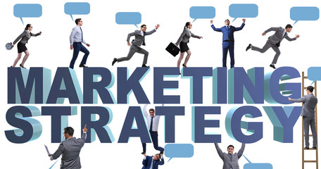 The marketing strategy concept with businessman and team