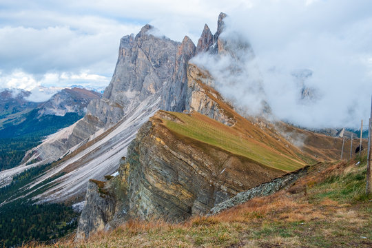 Beautiful Seceda Mountains and stunning views of the Odle Mountains and Dolomites mountains, Val Gardena, Trentino Alto Adige,  South Tyrol