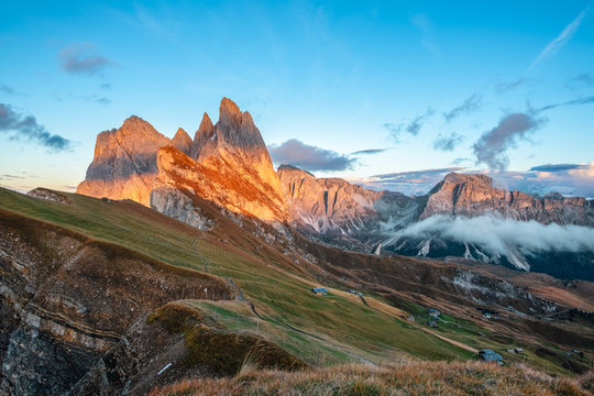 Beautiful Seceda Mountains and stunning views of the Odle Mountains and Dolomites mountains, Val Gardena, Trentino Alto Adige,  South Tyrol
