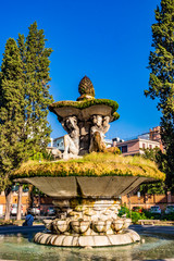 The beautiful Fontana delle Cariatidi (caryatid fountain) in Piazza dei Quiriti. In the prestigious residential district of Prati, in the center of Rome, near the Vatican.
