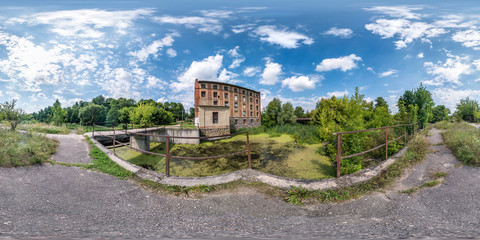 Fototapeta na wymiar full seamless spherical hdri panorama 360 degrees angle view near dam of old water mill in equirectangular projection, VR AR virtual reality content. Wind power generation. Pure green energy.