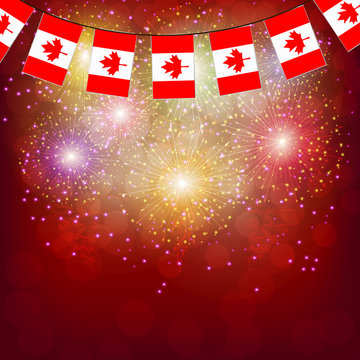 Bright firework with flags Canada for holidays. Set for holidays. Bright background with flag of Canada . Happy Canada day background.