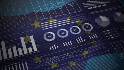 Europe Union. European statistics, infographics, financial market data, analysis and reports, numbers and graphs on EU waving flag 4K.  - Powered by Adobe