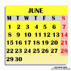 Calendar design month june 2020. Year 2020 calendar. Colorful design for calendar 2020. Calendar for organization and business. Week Starts Monday. Vector illustration.