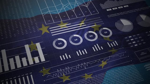 Europe Union. European statistics, infographics, financial market data, analysis and reports, numbers and graphs on EU waving flag 4K.  - Powered by Adobe