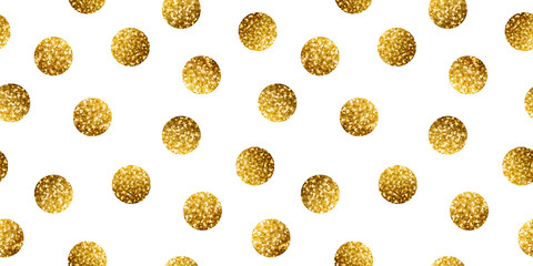 Gold glittering confetti polka dot seamless pattern isolated on white.
