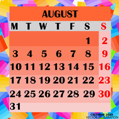 Calendar design month august 2020. Year 2020 calendar. Colorful design for calendar 2020. Calendar for organization and business. Week Starts Monday. Vector illustration.