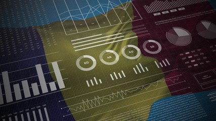 Romania. Statistics, infographics, financial market data, analysis and reports, numbers and graphs on Romanian waving flag 4K.  - Powered by Adobe