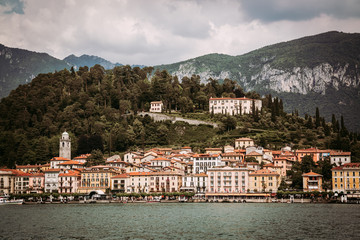 Fototapeta na wymiar Filtered image of Bellagio town seen from Como Lake, Italy