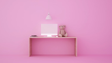Work space in the pink room for kids artwork. Study room on pink tone presentation.3D Illustration