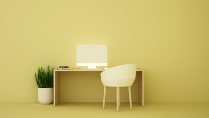 Work space in the yellow room for bussiness artwork. Study room on yellow tone presentation.3D Illustration