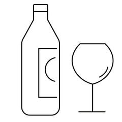 Labeled bottle of wine and glass cup vector illustration in black and white.