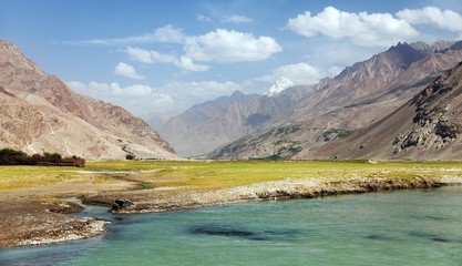 Panj river Amu Darya, Pamir and Hindukush mountains