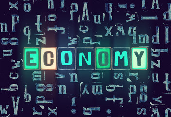 The word Economy as neon glowing unique typeset symbols, luminous letters economy
