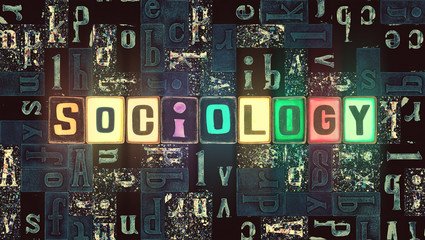 The word Sociology as neon glowing unique typeset symbols, luminous letters sociology