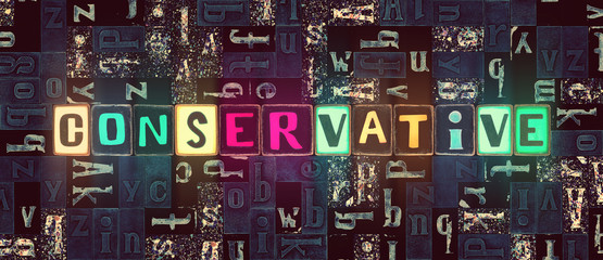 The word Conservative as neon glowing unique typeset symbols, luminous letters conservative