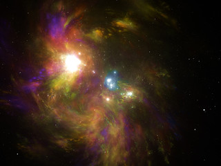 Illustration - Galaxies, Deep Space Nebula - starfield, stars and space dust scattered throughout the vast universe. Swirling cloud, burst of light, birth of stars, illustration, cosmic artwork.