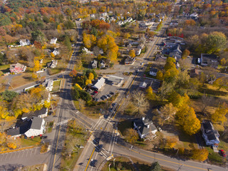 Tewksbury historic town center aerial view on Main Street in fall, Tewksbury, Massachusetts, MA, USA.