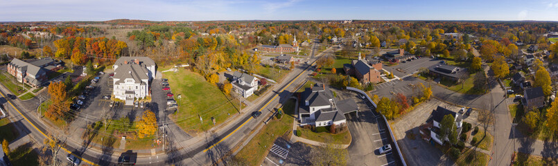 Tewksbury historic town center aerial view panorama on Main Street in fall, Tewksbury, Massachusetts, MA, USA.