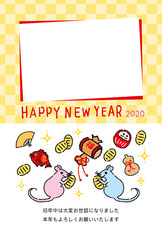年賀状テンプレート　写真フレーム　2020年子年　手描きネズミと縁起物　市松