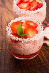 A serving of strawberry over tapioca and jelly