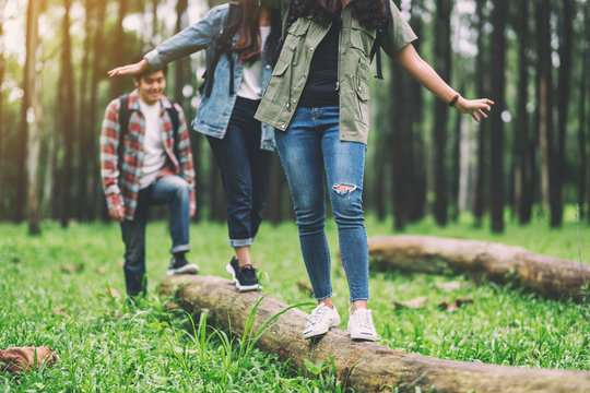 Group of traveler walking on the log while hiking in the forest