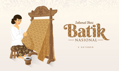 Indonesian Holiday Batik Day Illustration.Translation: October 02, Happy   National Batik day. Suitable for greeting card, poster and banner - obrazy, fototapety, plakaty