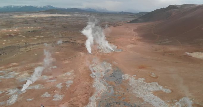 Námaskarð Pass is a geothermal area on the mountain Námafjall, in north Iceland, less than half an hour’s drive from Lake Mývatn aerial 4k video