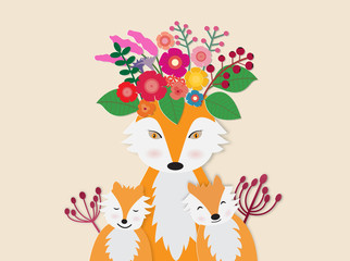 Obraz premium Vector image of cute red foxes and her baby with colorful flower.