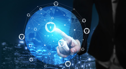 Cyber Security and Digital Data Protection Concept. Icon graphic interface showing secure firewall...
