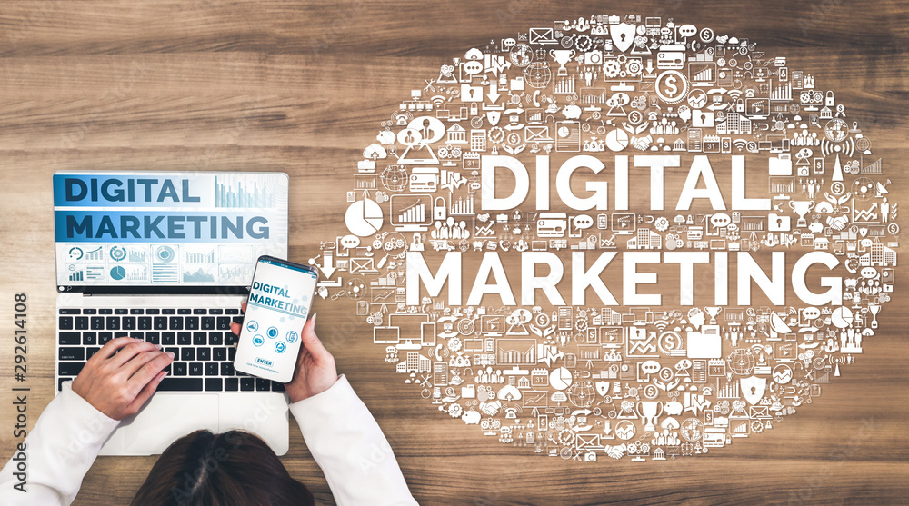 Sticker digital marketing technology solution for online business concept - graphic interface showing analyt
