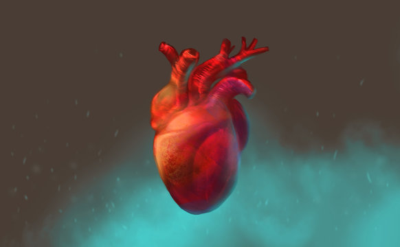 Digital art illustration painting design style a human heart floating in the air, against blue misty.