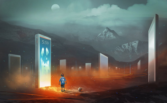 Digital illustration painting design style a boy and football standing in front of devil in mobile phone, against many mobile phone and tablets, kids with technology concept.