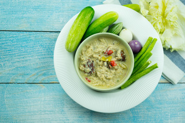 Herbed soya beans with minced shrimp and pork or chicken in coconut milk