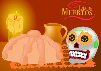 Day of the dead celebration - skull, bread and candle and spanish text: Day of the dead