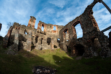 Walls and windows from the Soimos Fortress. Fisheye view. Built in 1278