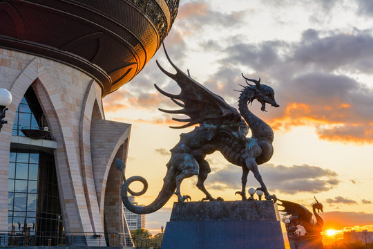 Zilant is a legendary creature, something between a dragon and a wyvern. Since 1730, it has been the official symbol of Kazan.  Central Wedding Palace. Sunset.