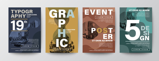 Set of Modern Graphic Design Poster layout. Typography on fluid form shape with natural color scheme background for Poster, Brochure, Flyer, Leaflet, Book cover, Banner. Template in A4 size.