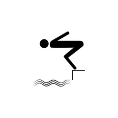 Place for jumping in water. Safety dive. Sign safeness on beach, in river, sea. Warning of protection during jump in. Monochrome template for poster. Design flat element. Vector illustration