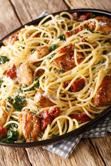 Italian spaghetti pasta with fried chicken, dried tomatoes and spinach close-up on a plate. vertical