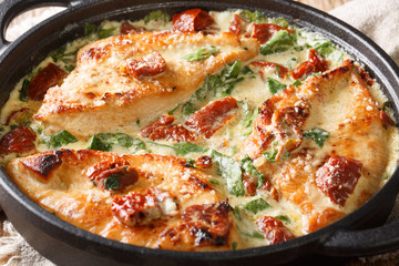 Tasty chicken fillet with sun-dried tomatoes and spinach in cheese sauce close-up in a pan. horizontal
