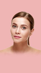 Beautiful woman with healthy face skin on pink background. Aspect ratio and vertical position...