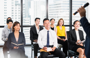 Fototapeta premium Speaker talking in seminar with many of audiences for business meeting for key of success
