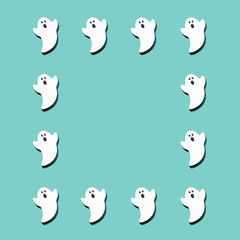 青緑バックに白いオバケを沢山並べてコピースペースもあります