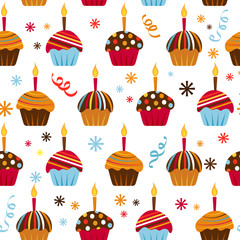 Seamless pattern with different cupcakes and a candle for celebration. Flat style