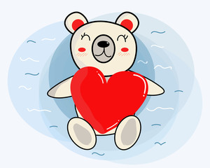 Hand drawing: Cute white bear with smile and big red heart shape in the water, cartoon style.